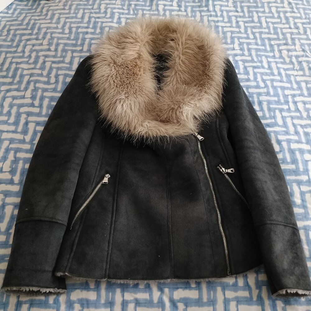 Guess Navy Blue Suede Jacket Fur Collar